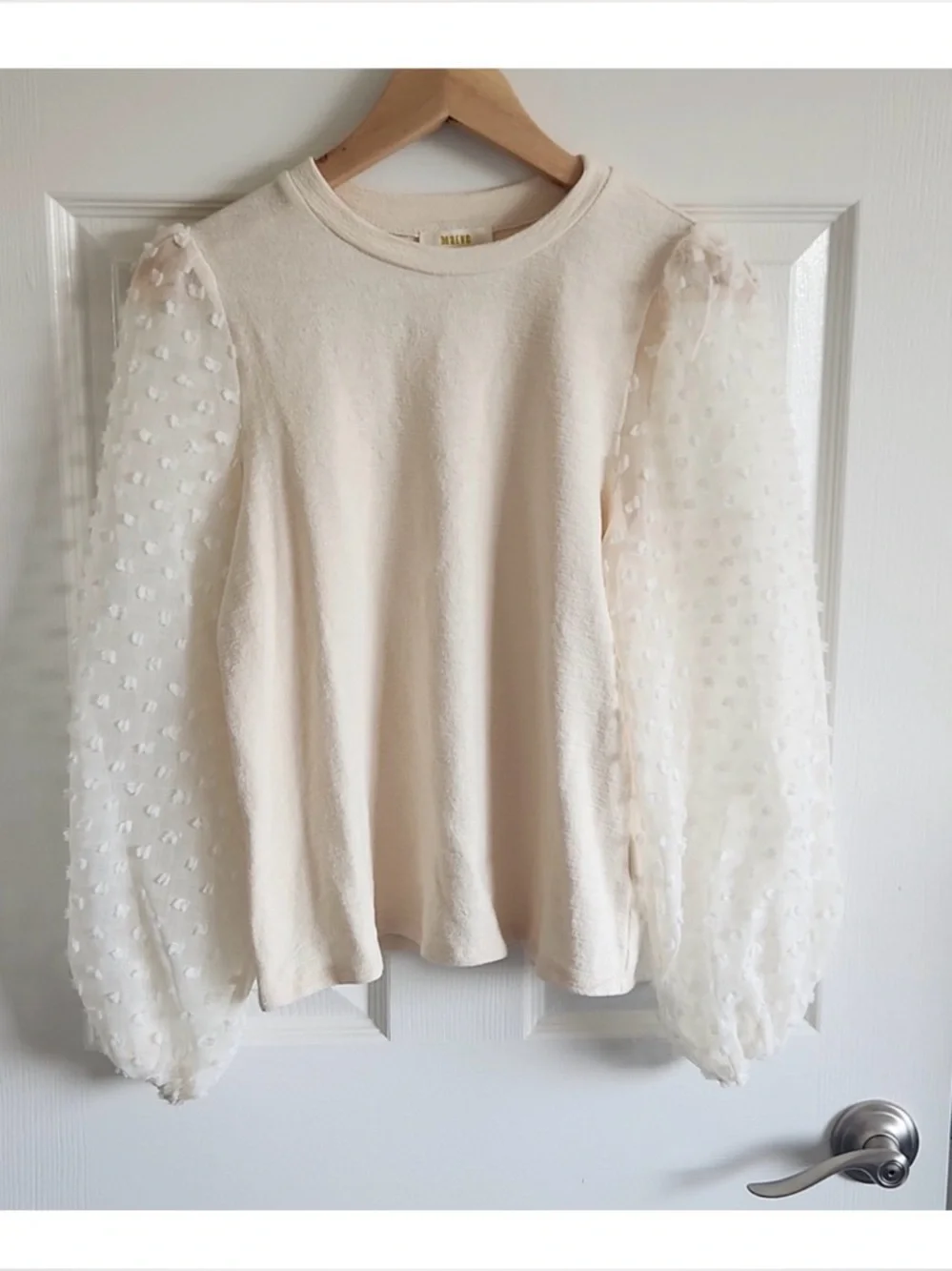 MAEVE x ANTHROPOLOGIE Ivory Textured Swiss Dot Puff-Sleeve Women's Top SMALL